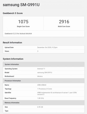 Samsung Galaxy S21 apparaît sur GeekBench avec 8 Go de RAM et Snapdragon 888