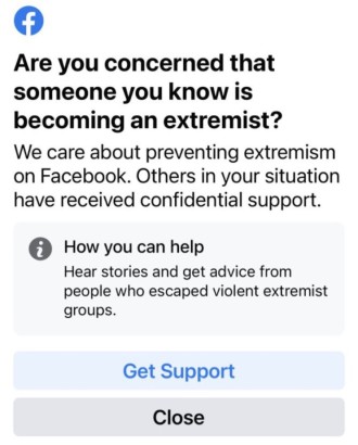 Facebook tests warning to extremist users and those who know them